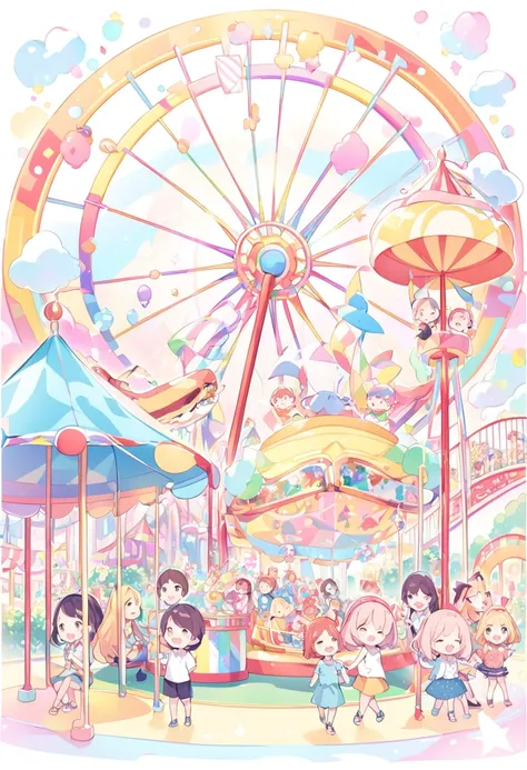 amusement park, abstract Ferris wheel, abstract merry-go-round, family, cute illustrations like those in childrens picture books, soft effects, soft colors effects