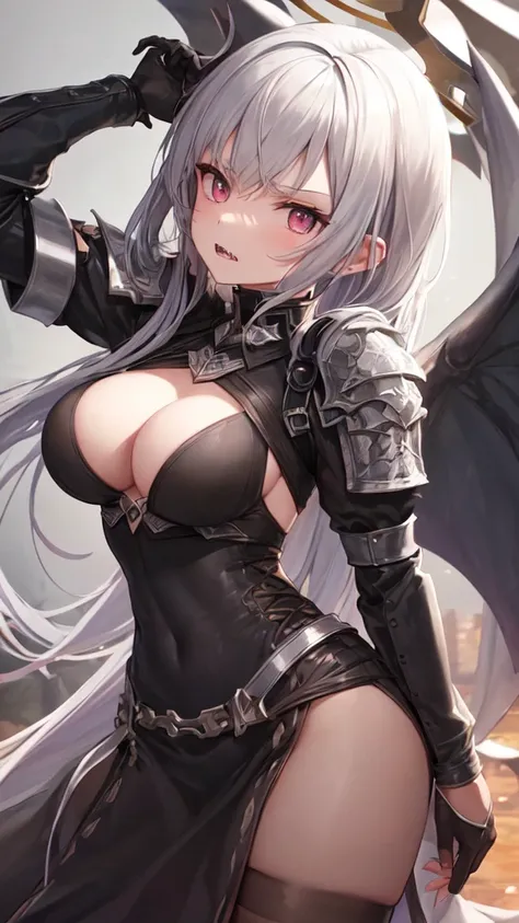 masterpiece, high quality, 4K, HDR,, A female knight wearing an armored dress BREAK Black halo above head, black horns on head, black dragon tail growing, large black wings on back BREAK Silver hair in an updo hairstyle with blunt bangs, long hair, disgrun...