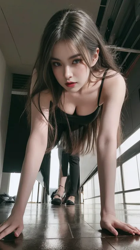 21yo girl, gray hair, (crawl in under of viewer:1.6), (from below:1.8), (natural big breast), plump body,single sidelock hairpin blush, modern cinematic lighting, ray tracing, drop shadow wide shot UHD, textured skin, high details, best quality 4K, crawl p...