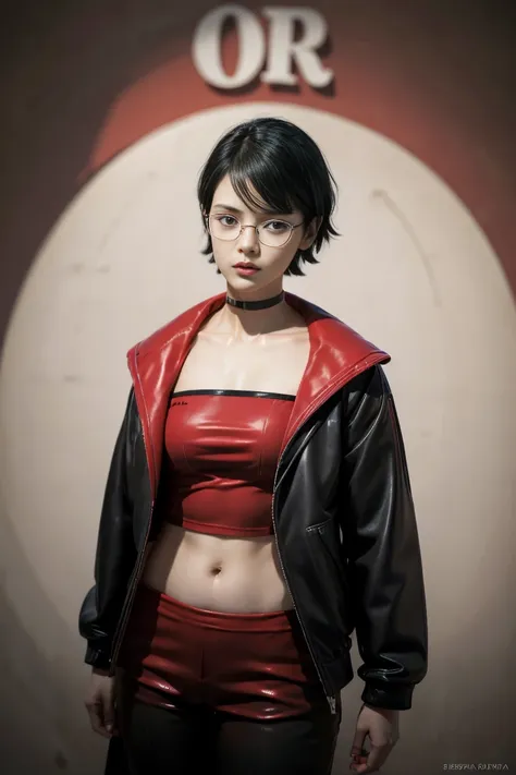 sarada, age 25, pure white skin, black bob hair, perfect face, perfect aesthetic shape body, black and red jacket, black spects,...