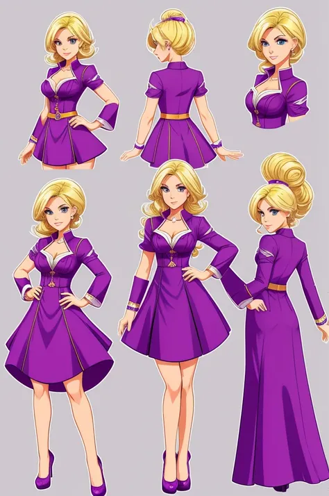 Game character design sheet A woman with bright blonde hair wearing a purple energetic dress.