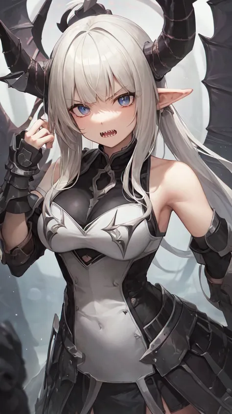 masterpiece, high quality, 4K, HDR,, A female knight wearing an armored dress BREAK Black halo above head, black horns on head, black dragon tail growing, large black wings on back BREAK Silver hair in an updo hairstyle with blunt bangs, long hair, disgrun...