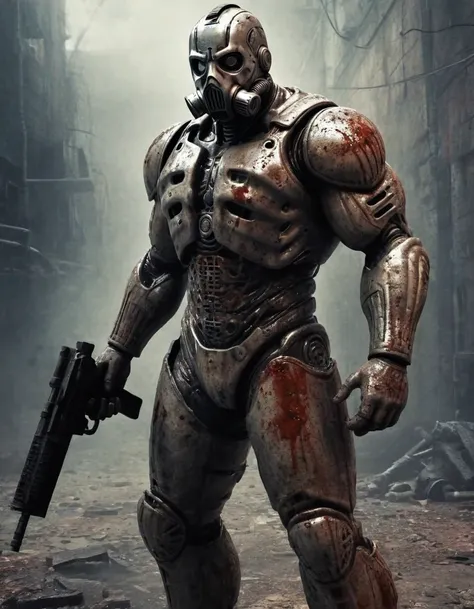 rainy, big muscular cyberdead, with robotic head,cracked gasmask, big gun,blood line,blood, threatening, fighting stance, apocalyptic background, dusty, detailed rust iron texture, realstic,storng contrast, dark shadow,detailed discribe, clear image,horrir...