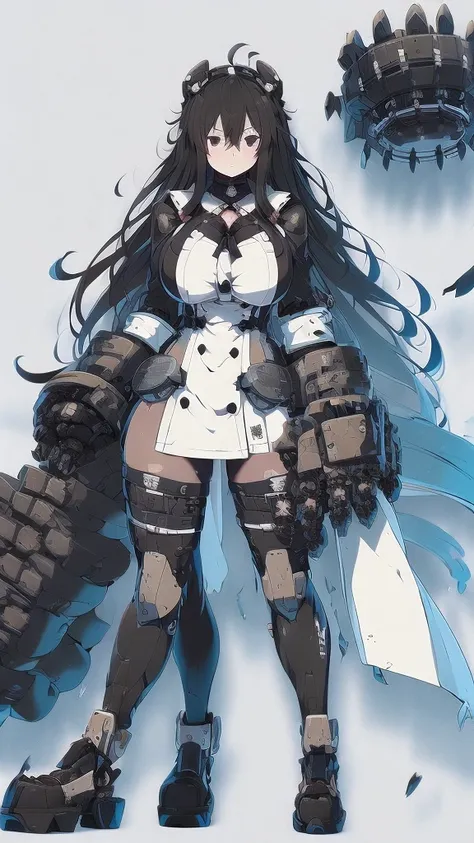 Anime, 1 girl, Fubuki, pale pure white skin, dead cold black eyes with shadows under them, fubukis long wavy black hair tied in long twin tails decorated by a white ribbon, expressive Brown eyes, busty, militarys uniform, large mechanical arms, mechanical ...