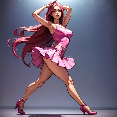 3Dmodern、（Cartoon、Realism）、modern、girl、Pink skirt、High heel、whole body、High precision、Delicate facial features、Dance poses，long hair