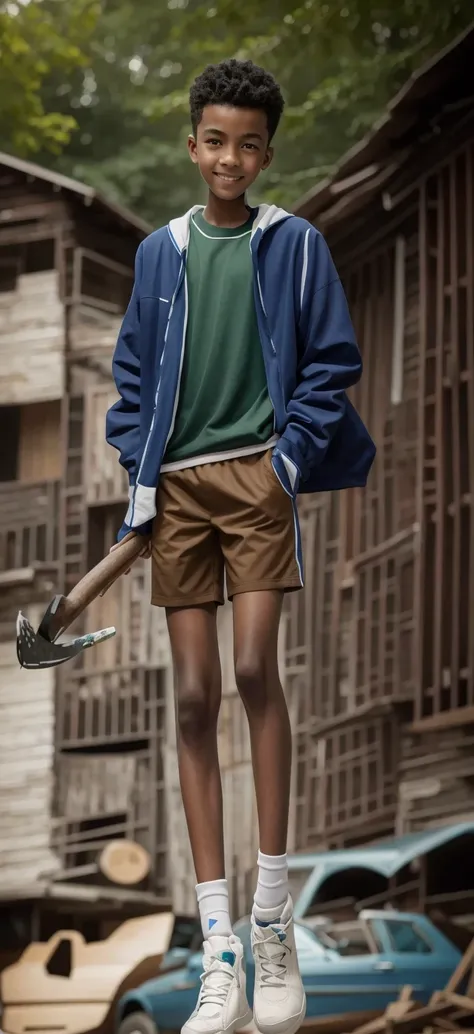 14 year old boy，light brown skin，blue sports shorts，bright green top，high-top board shoes，big round eyes，very short hair，tall an...