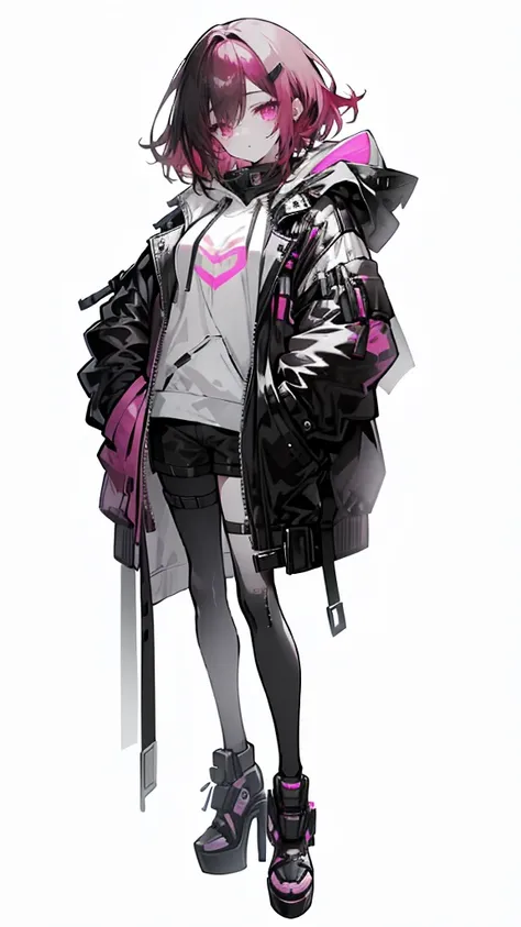 1 girl with red hair, pink eyes, cyberpunk style, hand in pocket, hoodie, pink starry background, black high heels