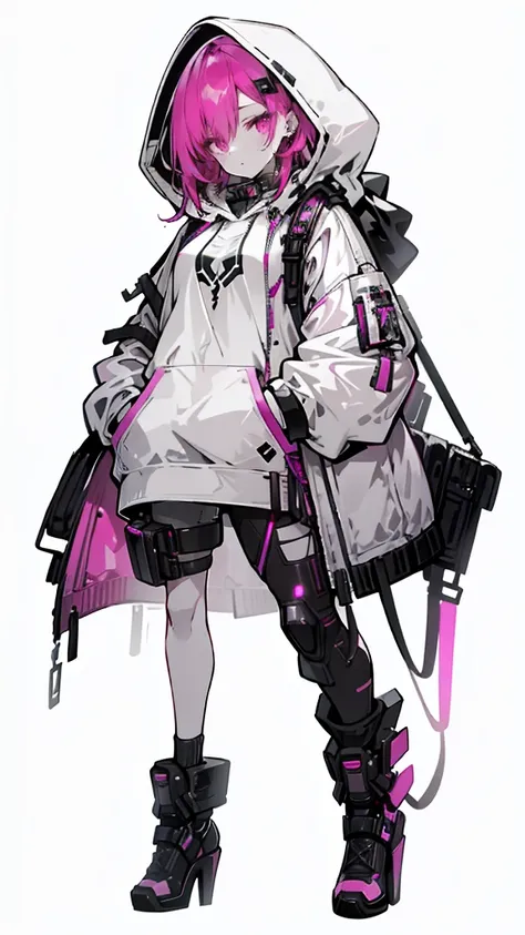 1 girl with red hair, pink eyes, cyberpunk style, hand in pocket, hoodie, pink starry background, black high heels