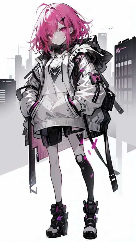 1 girl with red hair, pink eyes, cyberpunk style, hand in pocket, hoodie, pink starry background, black high heels