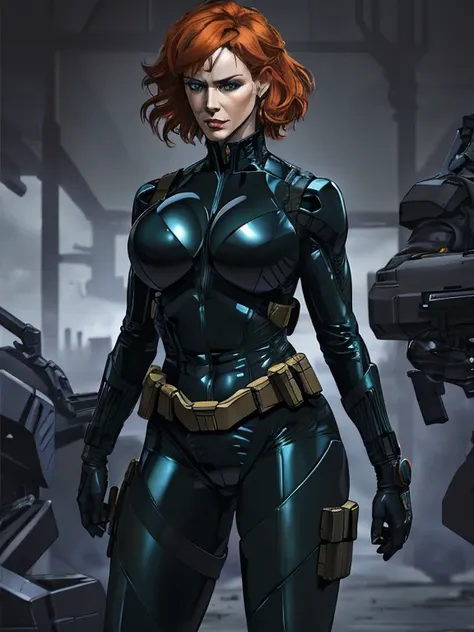 Imagine Christina Hendricks as a Metal Gear Solid character, powerful female character, short wavy orange hair and bright blue eyes, 48 years old, striking and mature facial features, agile and athletic build, (Wearing: Fingerless Gloves, skin-tight suit, ...