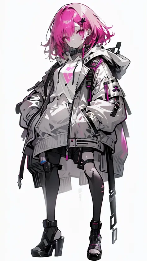 1 girl with red hair, pink eyes, cyberpunk style, hand in pocket, hoodie, pink starry background, black high heels