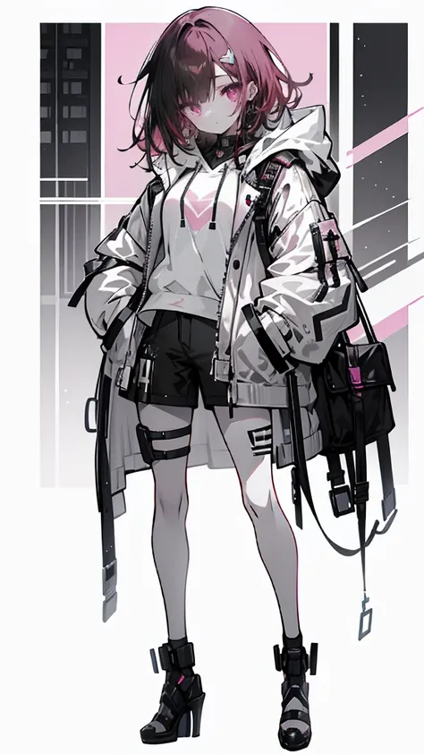 1 girl with red hair, pink eyes, cyberpunk style, hand in pocket, hoodie, pink starry background, black high heels