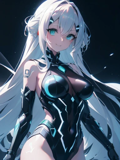 horror art, (dark anime alien girl), ((purple skin)), white steel hair, bright, glowing green eyes, beautiful anime girls, black...