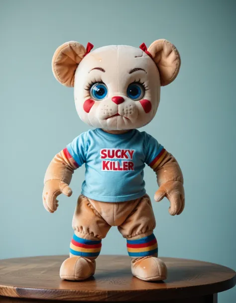 score_9, score_8_up, score_7_up, score_6_up, score_5_up, score_4_up, score_9, a Chucky killer, blue round eyes, plushie standing on a real table