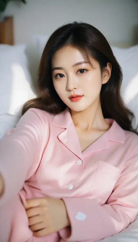 Close up of beautiful Korean woman, 34 inch chest size,Wearing pajamas, Lying in bed, Selfie,  Polaroid photos, Ultra HD