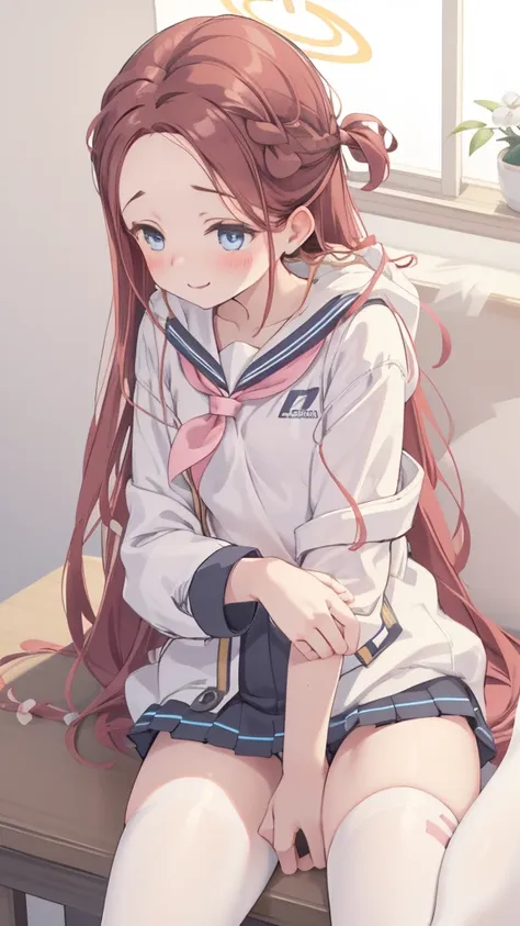 A woman with brown hair, bikini, girl,  labia, table,sitting, gentle, sailor uniform , wearing a pink and white sailor suit, blue eyes, racing girl, Du Qiong, smile, gentle, covering one eye, light blue eyes, hairpin, halodont have excessive composition pr...