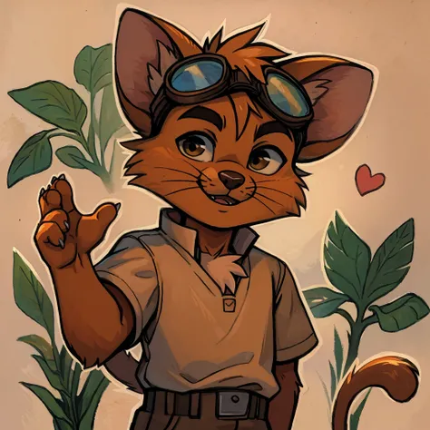 male, anthro, furry, toulouse, orange fur, goggles on head, kitten, heart gesture, simple masterpiece, (by donkeyramen)(by pino ...