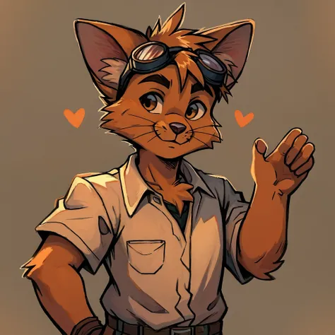 male, anthro, furry, toulouse, orange fur, goggles on head, kitten, heart gesture, simple masterpiece, (by donkeyramen)(by pino ...