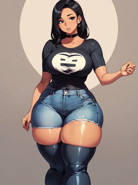 (Curvy:1.8), latina, (one person), (straight black hair), (wearing skin tight jeans:1.4), (thigh high boots:1.4), (tan skin:1.4, (wide hips), (thick thighs:1.6)