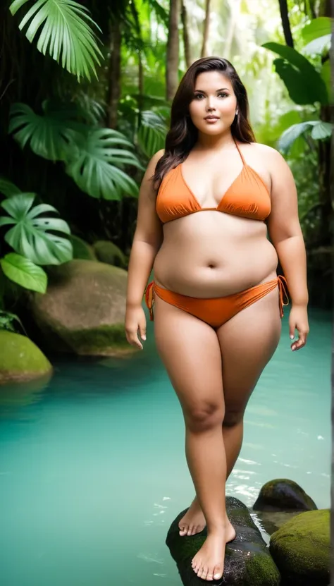 ultra realistic full body photo of chubby woman in bikini, in jungle, natural lighting.