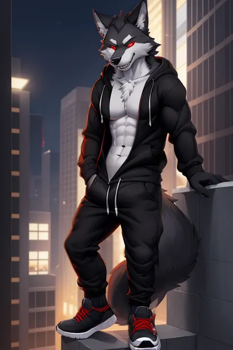 (4k , ultra detailed , flat colored)Furry werewolf , black wolf，Wear a black zip up hoodie，((hoodie is open)) , dark grey pants , open toed shoes , wolf feet , wolf tail , 1tail , tail on waist , malicious grin , blood red eyes , crouching over a building ...