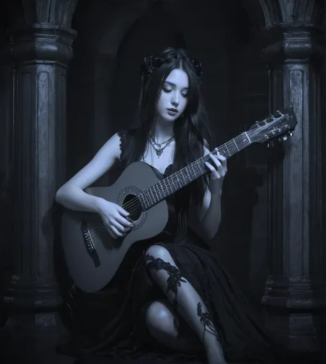 A pretty white girl with straight black hair in a black Victorian dress playing a guitar between Roman columns in a semi-dark environment, young and angelic face, cross legs, perfect guitar strings, black flower crown, photo realist, perfect contours, best...