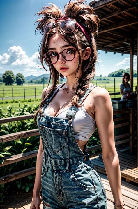 1 girl, brown hair, (pink hair highlights:0.8), farm girl, freckles, sexy farmer overalls, cleavage, round eyewear, glasses, str...