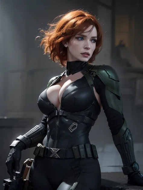 imagine christina hendricks as a metal gear solid character, powerful female character, short wavy orange hair and bright blue e...