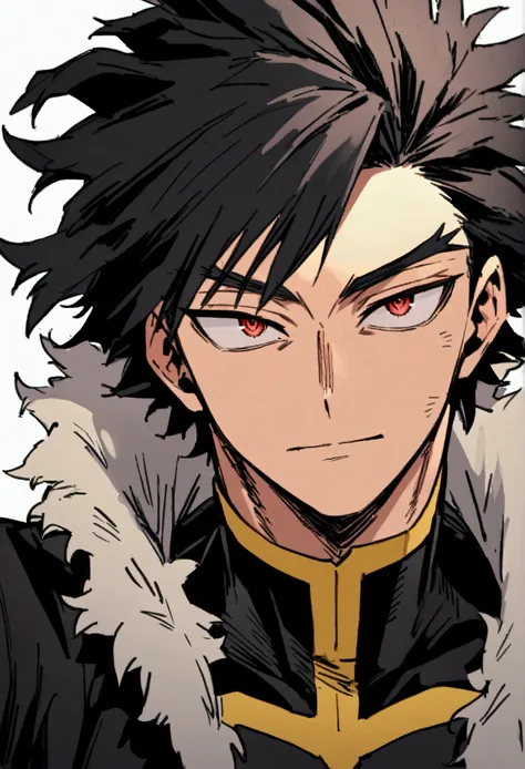  He is 22 year old teenager, He has slightly disheveled very black hair..., somewhat light red eyes, , muscular body , sexy face, He is dressed in the anime male uniform "my hero academia", detailed face, bright red eyes 