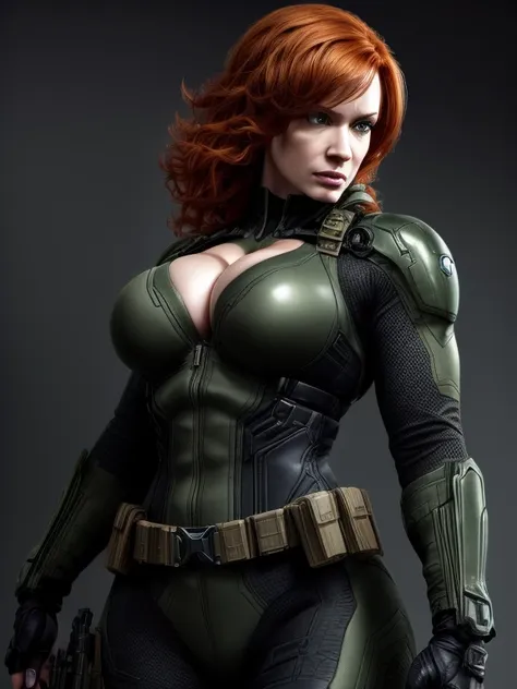 imagine christina hendricks as a metal gear solid character, powerful female character, short wavy orange hair and bright blue e...