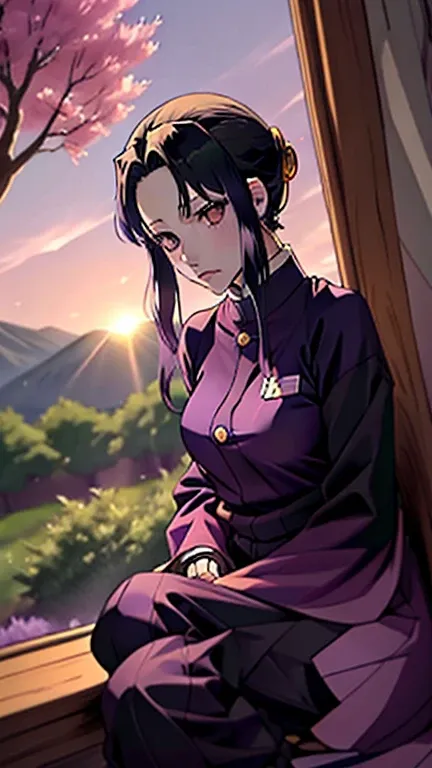 demon slayer anime style,  Kotouji Agamaki, 1 girl 22 years old, serious and calm with gold eyes and pronounced eyebrows, Long straight braided hair surrounding your hair, dark purple hair with the most striking violet tips and two side sideburns of hair a...