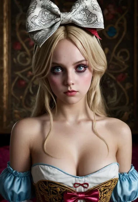 1 girl, work of art, best qualityer, 8k, Detailed texture skin, detailed cloth texture, beautifull detailed face, details Intricate, ultra detaild, Alice in Wonderland, (a bow on the head:1.1), topless, hot, porn