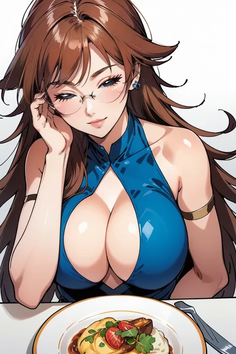 an image very anime looking anime of a young girl eating some food, 1girl, solo, glasses, breasts, long hair, brown hair, closed eyes, huge breasts