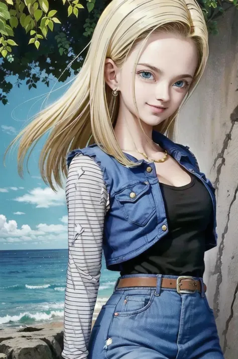 android 18,blonde hair, long straight hair, blue eyes, vest, black shirt, long sleeves, denim jacket, looking at viewer, smile f...