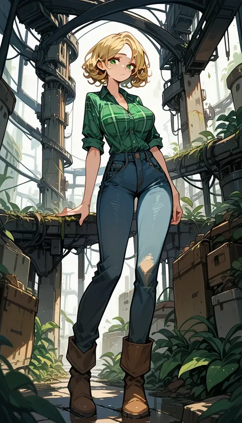 
Masterpiece , best quality , Masterpiece , best quality , 1 woman, blonde woman, curly hair , green eyes , Sly face , Green plaid shirt , big breasts, cowboy jeans, Long legs ,  stretch , boots , abandoned factory,