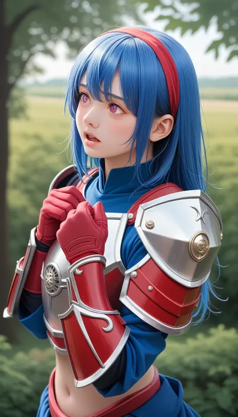 score_9_up, score_8_up, score_7_up, score_6_up,Lapis Lazuli Iron, 1 Girl, Solitary, Looking at the audience, blush, Bangs, Gloves, Upper Body, Weaving, Headband, outdoor, Open your mouth, sky空, sky, hands up, Pink Eyes, armor, Tree, Cover the navel, Blurre...