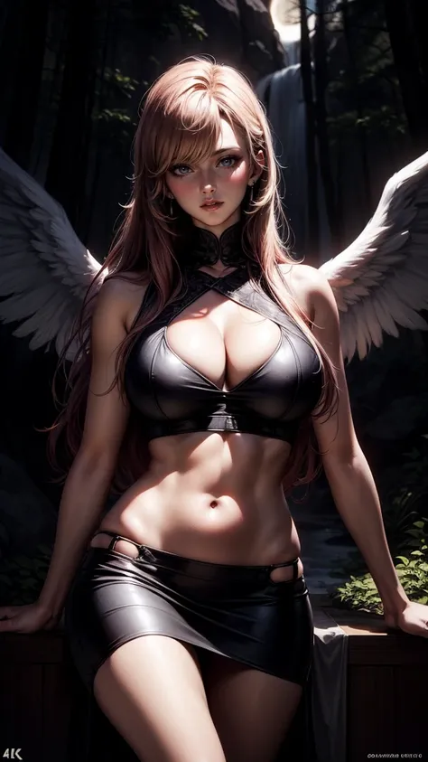 (1 angel, 1 demon, detailed artwork, mini skirt, ripped shirt showing part of breasts, detailed art, full moon, waterfall, trees...