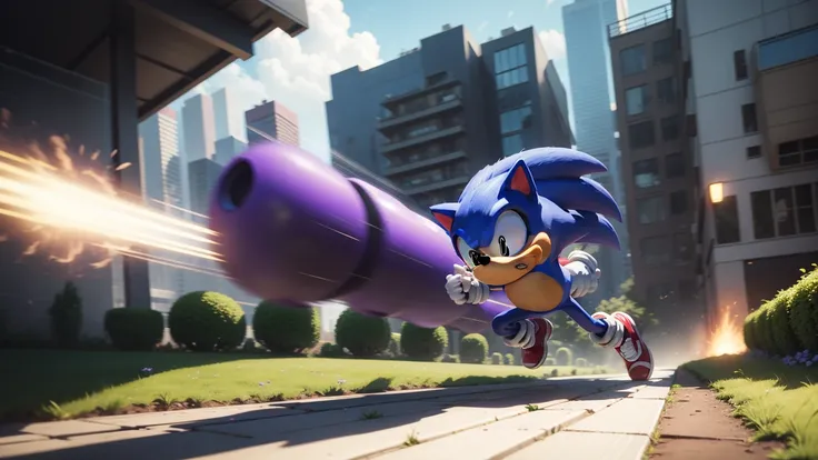 a sonic the hedgehog running through the spring yard zone, 8k, detailed vibrant purple buildings, detailed futuristic robotnik robots in the background, highly detailed, extremely detailed, cinematic lighting, photorealistic, volumetric lighting, dynamic m...