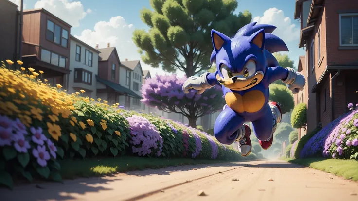 a sonic the hedgehog running through the spring yard zone, 8k, detailed vibrant purple buildings, detailed futuristic robotnik robots in the background, highly detailed, extremely detailed, cinematic lighting, photorealistic, volumetric lighting, dynamic m...