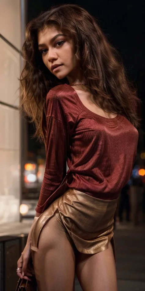 zendaya, sexy, neckline, upskirt, red marsala blouse, beige skirt, red marsala t-shirt, tight clothes, goosebumps photo, instagr...