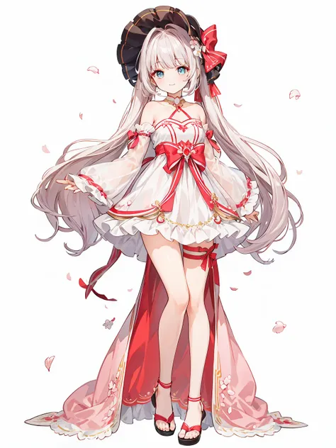 Full body ,dynamic Standing ,(เหมือนจริง:1.37)、Full body ,(ผลงานชิ้นเอก), Chattotori， 1girll， pink sleeve， solo，Cat ears， Long ponytail，Gorgeous cake dress， full bodyesbian，adolable， a skirt， looking at viewert， shift dresses， exposed bare shoulders， Bare ...