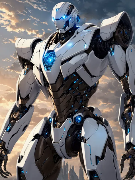 ((masterpiece)), ((best quality)), (from front, facing front), (cyber, war robot, massive), 1man, adult man, solo, black skin, human head, long brown hair, blue eyes, solid white robot armor, smiling, hyper-detailed, metallic sheen, futuristic, mechanical,...