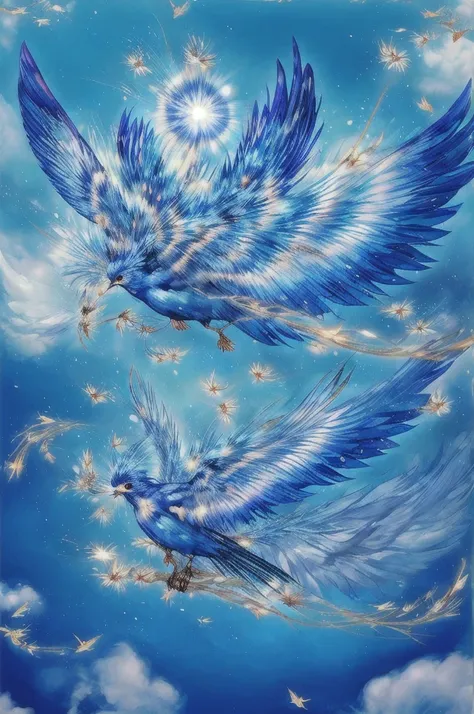 Blue Suzaku、blue bird 、Blue Phoenix、Large wings、Bright light、There is a lot of light overall、大きいblue bird 、Beautiful feathers、Flying Upwards、god々Shii