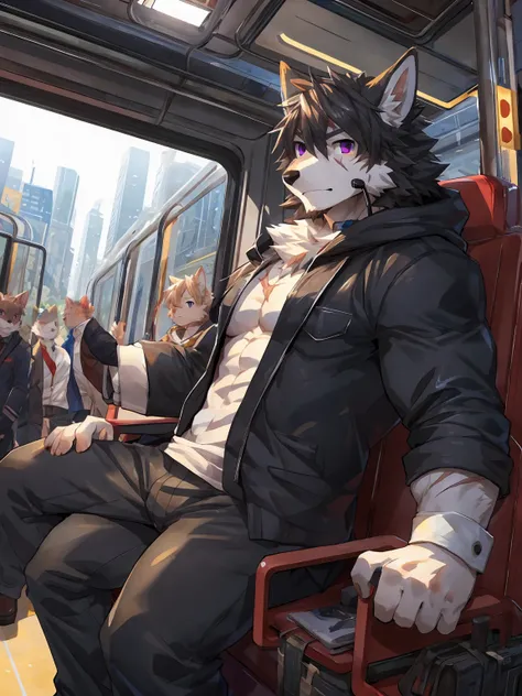 embedding:black wolf, male,purple eyes,Scar on the face, scar on the body,Single person,The side,In the carriage,Look outside,Outside the train is the city.Headset,The hood,Black jacket,On the train,The highest quality of scene detail,adult,Tall and powerf...