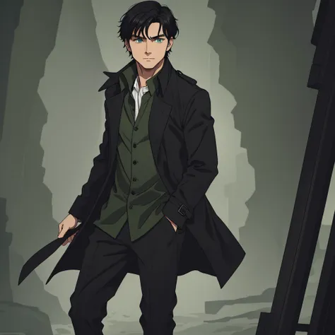 black-haired man with green eyes, wearing a dark black trench coat, a gray shirt, black pants with brown boots.