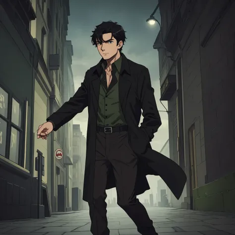 black-haired man with green eyes, wearing a dark black trench coat, a gray shirt, black pants with brown boots.