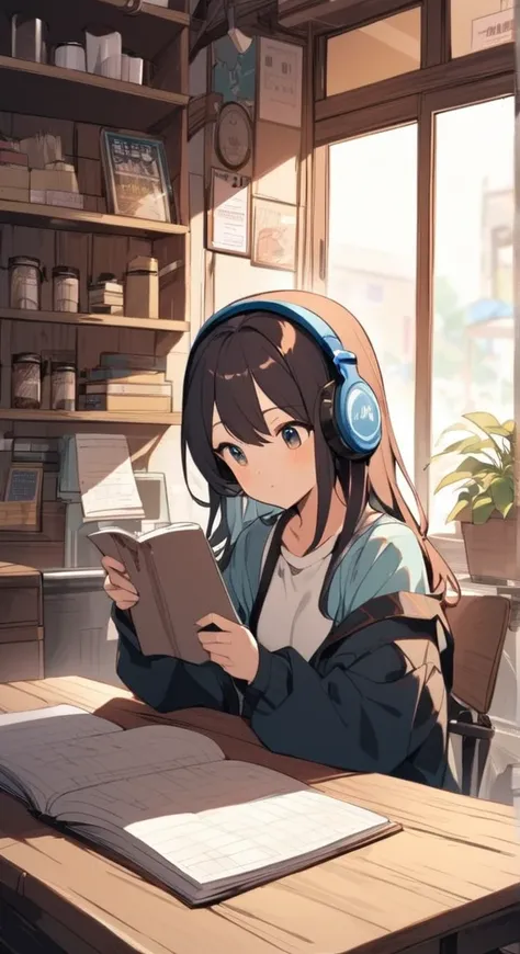 A cute girl is studying with her notebook open in an old coffee shop while wearing headphones。The table is messy、The whole desk is visible。There is coffee。Madhouse-like colors、A touch like Makoto Shinkai