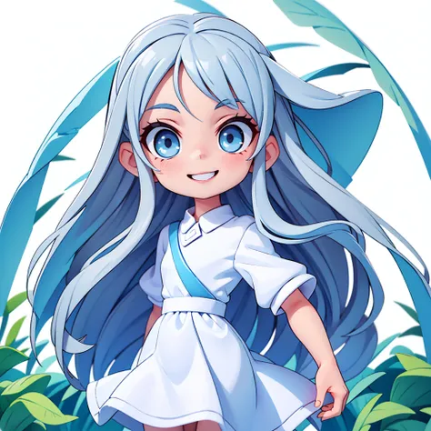 Long Hair,Gray Hair Color,Light blue eyes,Alone,Staring at the audience,Perfect Face,smile,White background,Season Summer,Long length dress