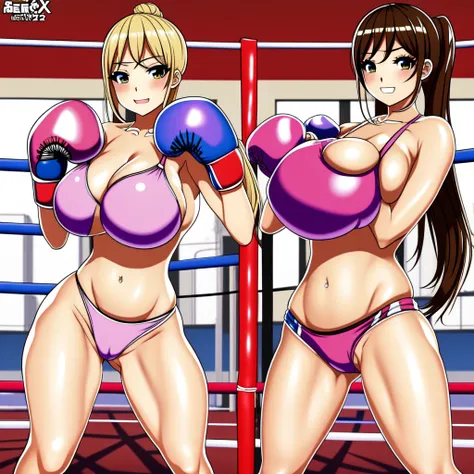 NSFW , Fullbody drawing wide view , Kawaii face , hentai Porn Game style , The Sexy oppai boxing Japan Southkorea wars , In Beach boxing rings , Wear athletic Olympic costume , Fighting Two boxer girls , Wear boxing groves with Defence pose, So huge oppai.