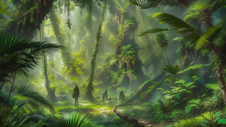 A photo taken from the jungle，照片上有一名男子In the jungle行走, Weta Workshop concept art, Environment Concept Art, Jungle environment, in a Jungle environment, In the jungle, Ancient Jungle, Environment Concept Art, 远古Alien Jungle, Alien Jungle, author：Raphael Lac...